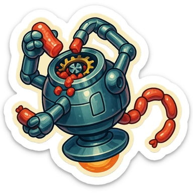hovering robot. stuffs material into large hole on its top with 2 arms. no neck or head. large hole is where neck and head would be. spinning gears and blades in hole grind red chunks. sausage links come our of hole on backside.  3/4 view. between realism and cartoon. well lit. no dramatic lighting. metallic shiny robot. works diligently. dark humor sticker