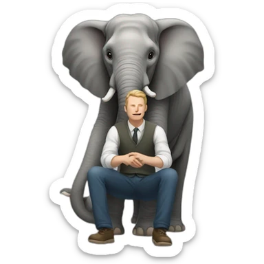 white man sitting on the ground with an elephant in his arms sticker