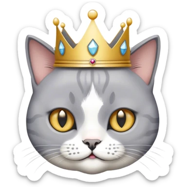 a British-short-hair cat (grey and white) is wearing a little crown sticker