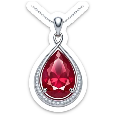 teardrop ruby pendant with silver chain, glowing cosmic embryo inside, swirling stardust and fiery trails, radiating ethereal magic sticker