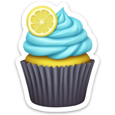 Small cupcake with light blue wrapper and topped with light yellow frosting and a slice of lemon  sticker