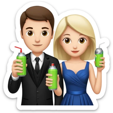 husband and wife at wedding holding energy drinks sticker