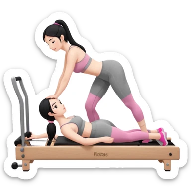 Create a Pilates emoji: a girl with fair skin and black hair, wearing a grey bra and grey leggings with pink pilates socks, on all fours on a wooden reformer. Make it look at the reformer. Make the colors neutrals. sticker