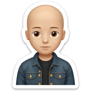  a young boy with bald head, black jeans jacket, plain forehead sticker
