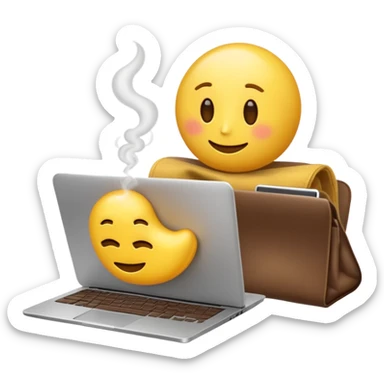 slouching emoji resting next to a steaming coffee and a laptop, conveying a lazy work vibe sticker
