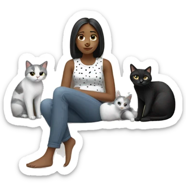 A girl chilling in the sofa with two cats one black and the other white with gray spots sticker