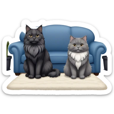 A large black smoke Maine Coon cat with long grey ear tufts and a fluffy grey ruff, sitting next to a chubby British Shorthair cat in blue color with plush fur, both sitting comfortably on a sofa. Beautiful room background with flowers and soft lighting. Transparent background. sticker