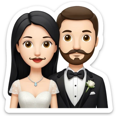 couple, a white woman with long black hair, and a white man with short brown hair goatee mustache, wedding sticker
