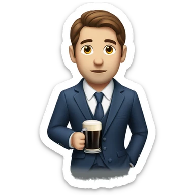 Sad Caucasian man with brown slick hair wearing a blue pinstripe suit drinking a Guinness by himself sticker