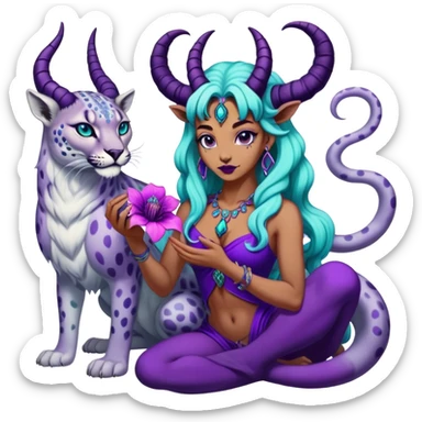 Feminine Scorpio Baphomet standing among trippy purple and teal mushrooms.. she’s petting a snow leopard  and holding a scorpion  sticker