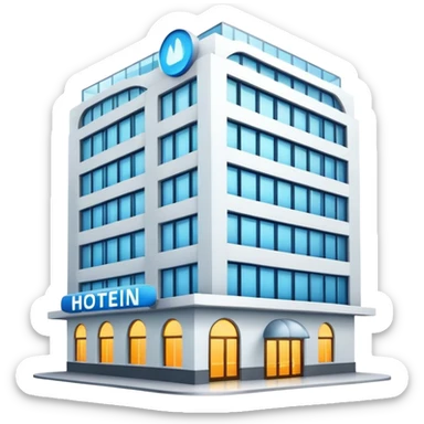 multi-story hotel building with many windows and glowing entrance sign sticker