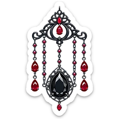 Epic gothic Hanging suncatcher, chains with shiny sparkly with ruby-gemstones and obsidian-gemstones,  sticker