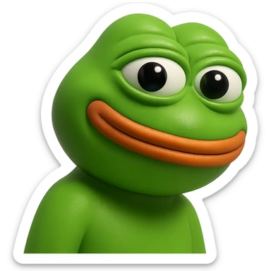 pepe in
- 3d style
- bright green
- smiling
- looking straight at the camera
- good highlights and shadows
- 30deg angled towards the right sticker