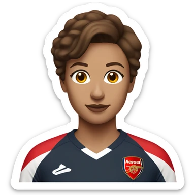 Pretty woman with short brown hair wearing an Arsenal jersey sticker