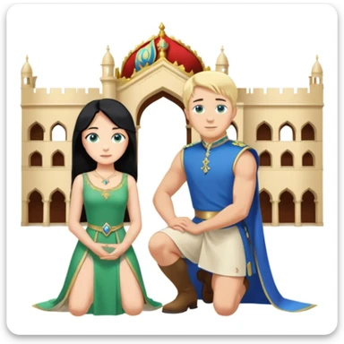Man as king, black Hair, blue eyes, woman, blonde, green eyes, shott white sleveless Dress, kneeling, background palace sticker