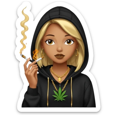 A girl wearing a black oversized hoodie with a gold necklace  smoking weed￼ sticker