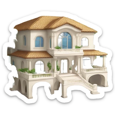 A luxurious beach mansion. Surrounded by palm trees. Located on a pristine white sand beach. The mansion should look grand and opulent, with large windows and possibly a balcony or terrace. sticker