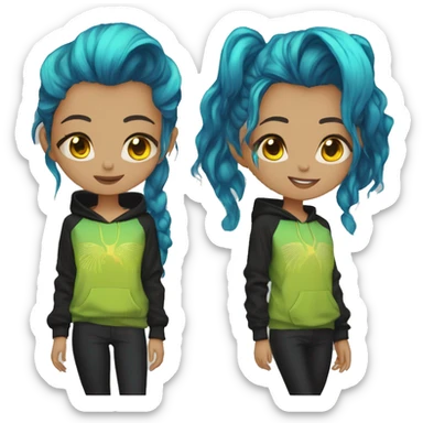 Lady with brunette and iridescent blue hair, gold, lime green dragon wings, black hoodie, bleach dyed, black and gold Nike t shirt, and bright red eyes sticker