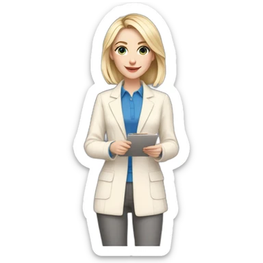 pale skin woman interior designer with cold blonde middle length hair, blue eyes, beige blouse, White oversize jacket, Gray skirt holding a color palette in the hands sticker