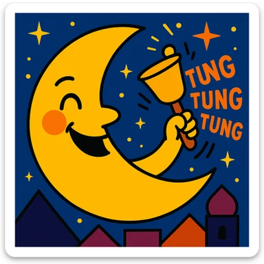 smiling crescent moon holding a bell with animated 'tung tung tung' sound lines, representing sahur announcement, fun and festive sticker