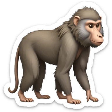 cinematic-hairy baboon-full-body-standing on all fours-emoji,-head-tilted-dramatically,-thick-grey-and-brown-fur,-simplified-yet-realistic-focused-features,-highly-detailed,-glowing-with-an-almost-sarcastic-glow sticker