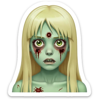 zombie girl with pale green skin, visible wounds, long blonde hair with straight bangs, dead eyes sticker