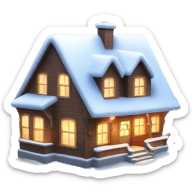 House decorated Christmas, near Christmas tree, light from windows, snows sticker