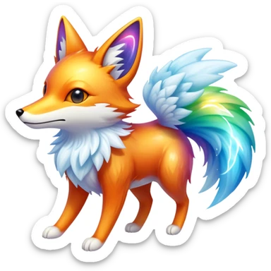 A cloud-dwelling creature made of vapor and static electricity, shaped like a winged fox that leaves rainbow trails as it flies and can condense parts of itself into water or ice projectiles. sticker