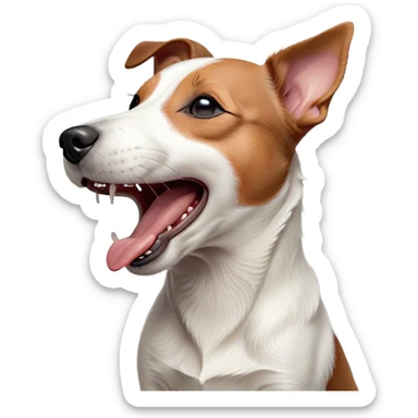 Cinematic Cute Yawning Jack Russell Terrier Portrait Emoji, Head tilted slightly with a dramatic, wide-open yawn, showcasing a compact, energetic form with floppy ears and sleepy, half-closed eyes, a slightly open mouth revealing gentle canine charm, Simplified yet irresistibly adorable features, highly detailed, glowing with a soft, cozy glow, high shine, relaxed yet expressive, stylized with a dash of whimsical canine ease, soft glowing outline, capturing the essence of a drowsy yet affectionate Jack Russell Terrier that appears ready to stretch out and yawn its way out of the screen! sticker