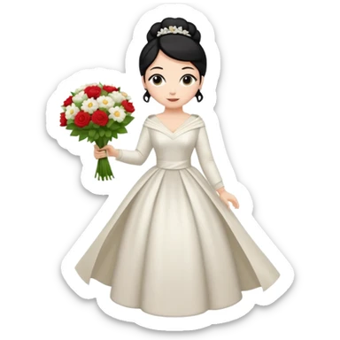 Chica blanca,cuerpo entero, vestido boda ,manga larga ,con estola, pelo negro,    ramo de flores una mano, pelo recogido en moño alto sticker