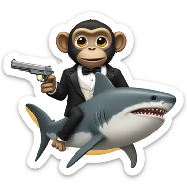 monkey riding a shark holding a gun wearing a tuxedo sticker