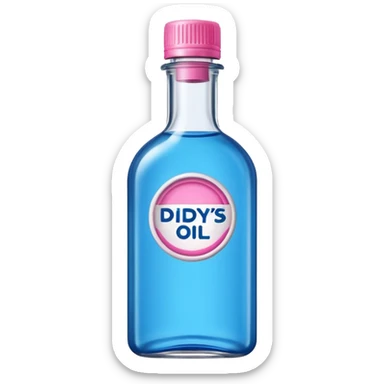 bottle of oil blue top pink outside with logo that says Diddys Oil sticker