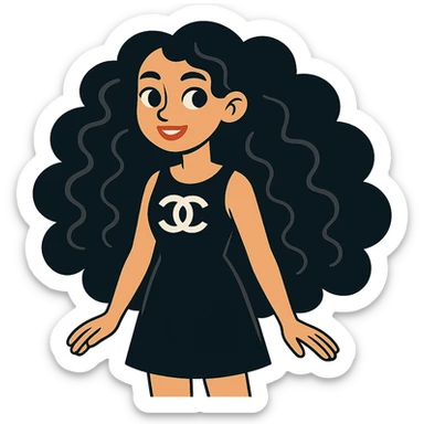 light skin girl with black very long curly hair, brown eyes, black Chanel dress, vibrant toon style sticker