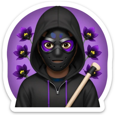 non human male cartoon character related to a shadow, all black skin, with all black clothes, focusing a black hoodie, and a black hockey mask covering his entire face, just his purple shadow eyes making a light bloom, no background sticker