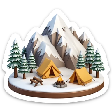 mini diorama of snowy mountains with small camp setup sticker