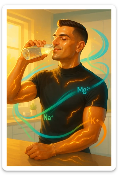 Athletic man around 30 years old, early morning, drinking a transparent electrolyte-rich beverage from a bottle. Body illuminated by natural golden light, with a light energetic aura around muscles symbolizing regeneration and recovery. Relaxed and vital expression, hydrated and glowing skin. Around him, light and colorful flows (blue, green, orange) represent electrolyte balance: sodium, potassium, magnesium. Natural environment or modern minimalist kitchen. Positive, clean, and invigorating atmosphere. Vertical 9:16 format. Inspired by the face in the reference photo. sticker