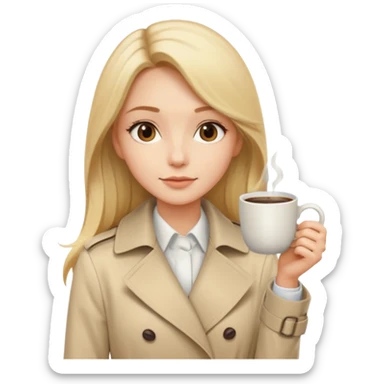 Cewe Kalem Kulit putih halus, rambut blonde panjang lurus rapi, belah samping. Pakai trench beige terang atau cream soff pegang kopi sticker