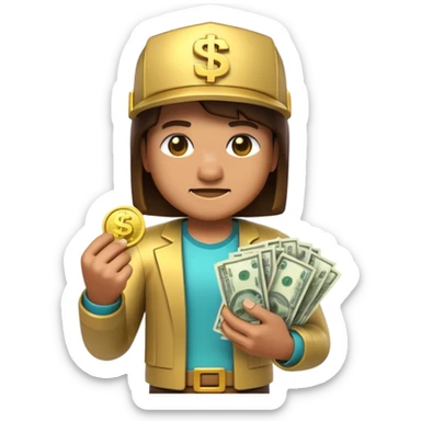 3D emoji, minecraft inspired character made of glossy plastic, holding money and gold coins, cinematic lighting, soft reflections, ultra detailed, centered, clean background, high resolution sticker