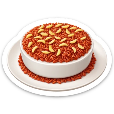 a white plate with red rice topping, one bite missing from the side sticker