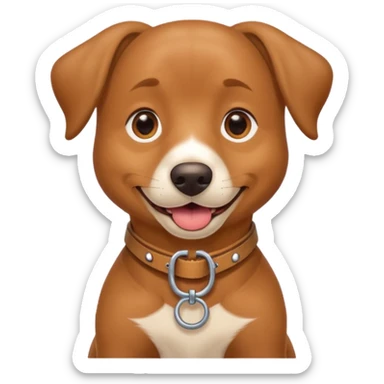 A friendly brown dog sitting upright with its tongue out and ears relaxed. The dog wears a tan harness and collar, giving a trained, service-dog look. Its expression is happy and attentive, with bright eyes and a slightly open mouth. sticker