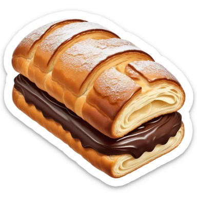 Cinematic warm pain au chocolat, flaky golden-brown pastry with a rich chocolate filling peeking through, perfectly crisp exterior, soft glowing highlights, inviting and indulgent. sticker