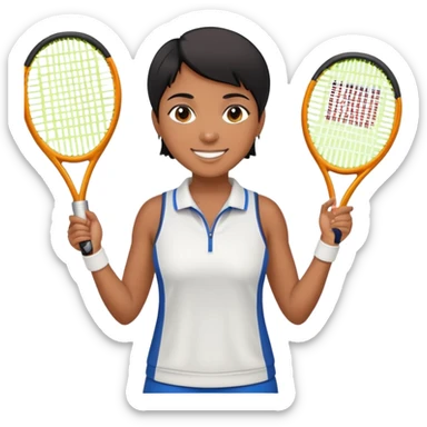 Chindian tennis coach, caramel brown, short straight hair, oval face, small eyes, big smile, wearing tennis outfit sticker