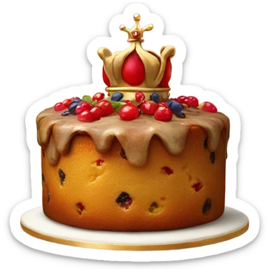 Old fashioned fruit cake with a royal crown sticker