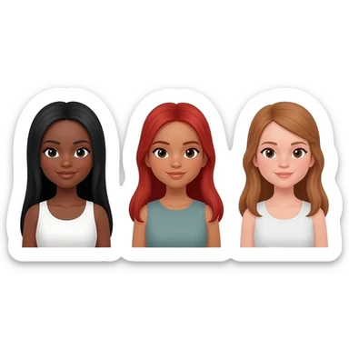 1 dark-skinned girl with long, straight black hair; 1 light-skinned girl with long, light brown hair; 1 girl with long red hair sticker
