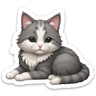 dark grey and white small cat with his eyes closed leaning his head on his paw while lying down sticker