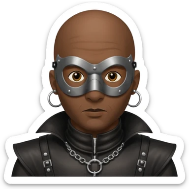 Dark guy wearing leather. Leather mask and heavy steel collar. Also bald wit a little stubble. Nose and ears pierced sticker