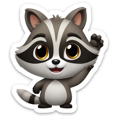 A cute fluffy raccoon waves his paw and greets sticker