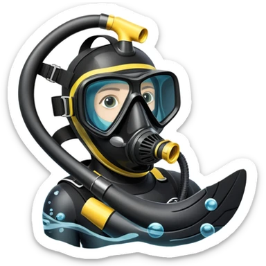 An icon featuring a close-up of a scuba mask, snorkel, and diving fins, with bubbles rising from the gear. The design includes a wetsuit and underwater light rays filtering through the water. Transparent background highlights the essence of diving and underwater exploration. sticker