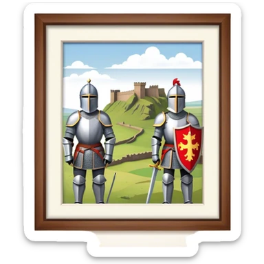  historical reenactment scene with knights in armor standing near Hadrian's Wall, emphasizing the division between Scotland and England. sticker