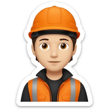 Kindly Keyin (male) with light skin, dark brown hair, orange cap and shirt, black jacket sticker